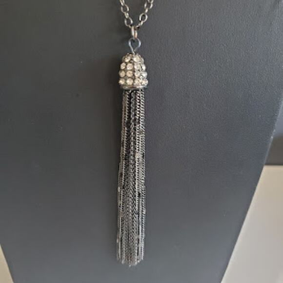 Loft Long Tassel Necklace Black Chain with Rhinestone Accents - Picture 3 of 7